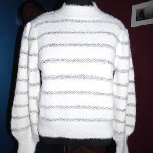 GOTH BOHO WHITE MULTI SEQUIN FUZZY LONG SLEEVE CREWNECK PULLOVER SWEATER L